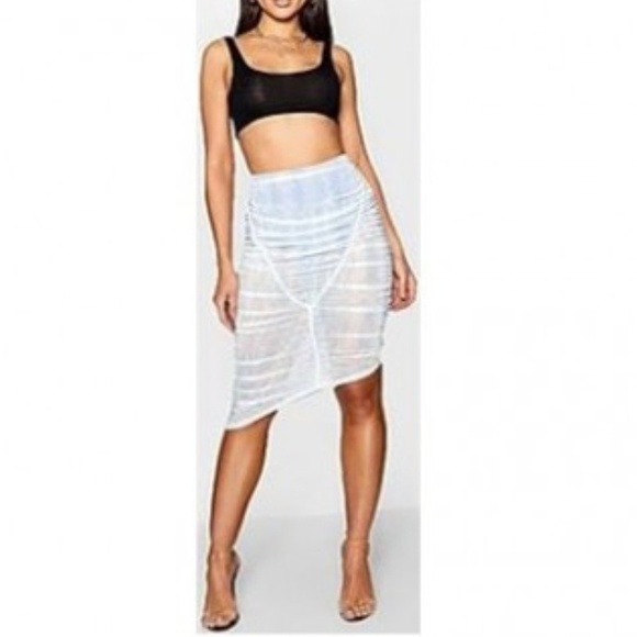 𝅺NWT- Boohoo -Belle Rouched Printed Mesh Midi Skirt Blue - Picture 1 of 2
